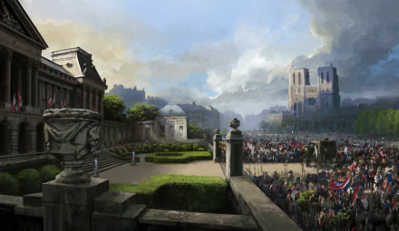 4K Ultra HD PC wallpaper featuring a detailed scene from the video game Assassin's Creed: Unity, showcasing a bustling historical cityscape with crowds and architecture.
