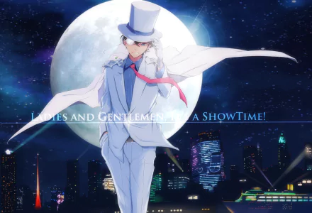 A vibrant HD desktop wallpaper featuring Magic Kaito 1412, showcasing a character in a top hat and suit against a moonlit city skyline with the text, Ladies and Gentlemen, it's SHOWTIME!