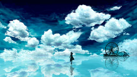 A serene anime scene featuring a figure walking on a reflective surface beneath a vibrant sky filled with fluffy clouds, complemented by a whimsical water wheel. HD desktop wallpaper.