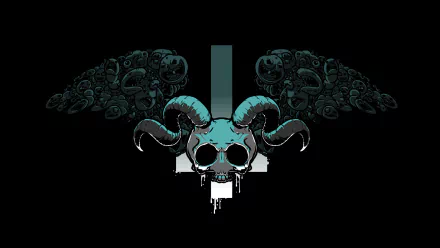 HD wallpaper for The Binding of Isaac: Rebirth featuring a stylized skull with horns and wings, blending dark themes with intricate details against a solid black background.
