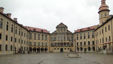 Man-made Nesvizh Castle courtyard under an overcast sky with symmetrical baroque facades — HD PC desktop wallpaper and background.