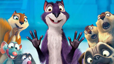 HD PC desktop wallpaper featuring animated characters from the movie The Nut Job, centered on a smiling purple squirrel surrounded by friends against a blue background.