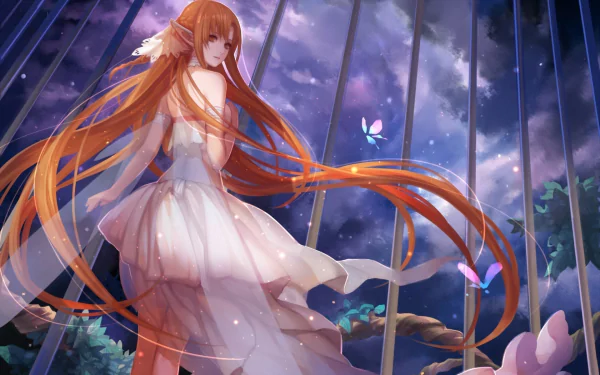 HD desktop wallpaper featuring Asuna Yuuki from Sword Art Online. She has flowing hair and wears a white dress, with butterflies and a twilight sky background.