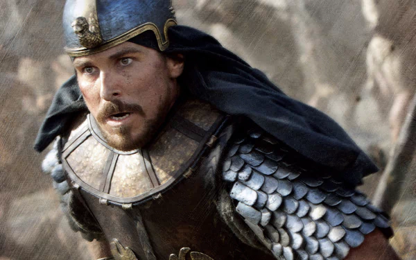 HD PC desktop wallpaper from the movie Exodus: Gods and Kings featuring a close-up of a warrior in detailed armor and helmet.