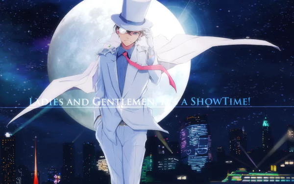 A vibrant HD desktop wallpaper featuring Magic Kaito 1412, showcasing a character in a top hat and suit against a moonlit city skyline with the text, Ladies and Gentlemen, it's SHOWTIME!