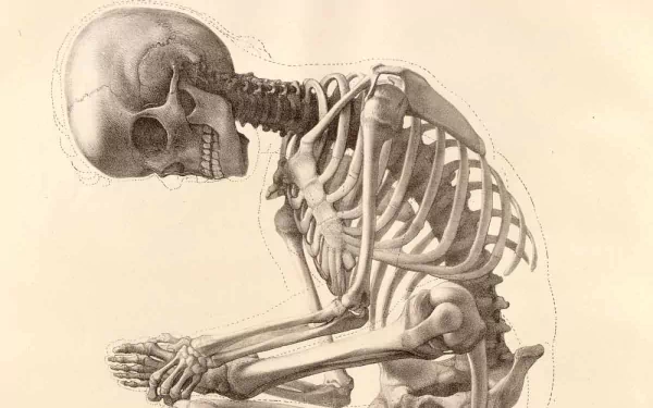 HD PC desktop wallpaper featuring a detailed, dark-themed illustration of a skeleton in a contemplative pose against a light background.