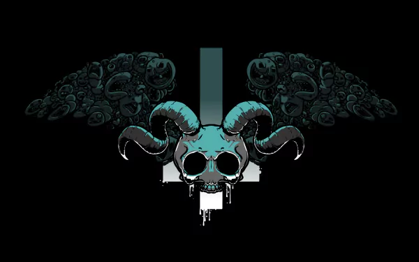 HD wallpaper for The Binding of Isaac: Rebirth featuring a stylized skull with horns and wings, blending dark themes with intricate details against a solid black background.