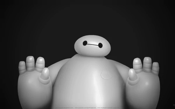HD desktop wallpaper featuring Baymax from the movie Big Hero 6, rendered in 3D against a black background. The character appears with hands raised, showcasing its friendly and gentle design.