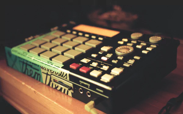 HD desktop wallpaper featuring a close-up of a beat-making music sampler on a wooden surface.
