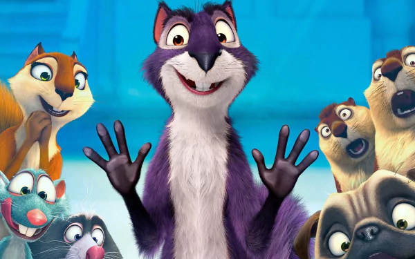 HD PC desktop wallpaper featuring animated characters from the movie The Nut Job, centered on a smiling purple squirrel surrounded by friends against a blue background.