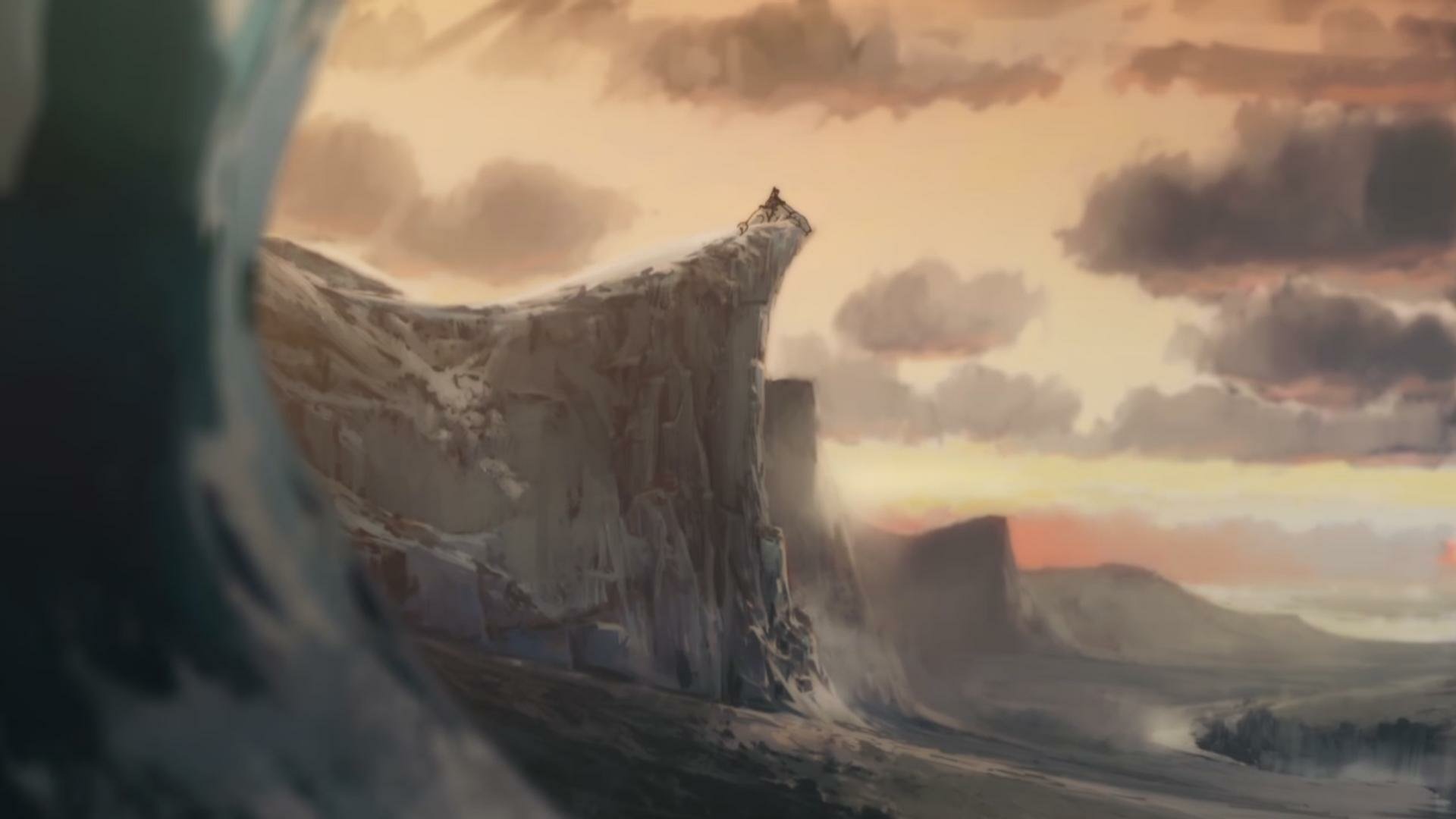 HD PC desktop anime wallpaper from Avatar: The Legend of Korra — lone figure atop a cliff at sunset, dramatic clouds and sweeping rocky landscape.