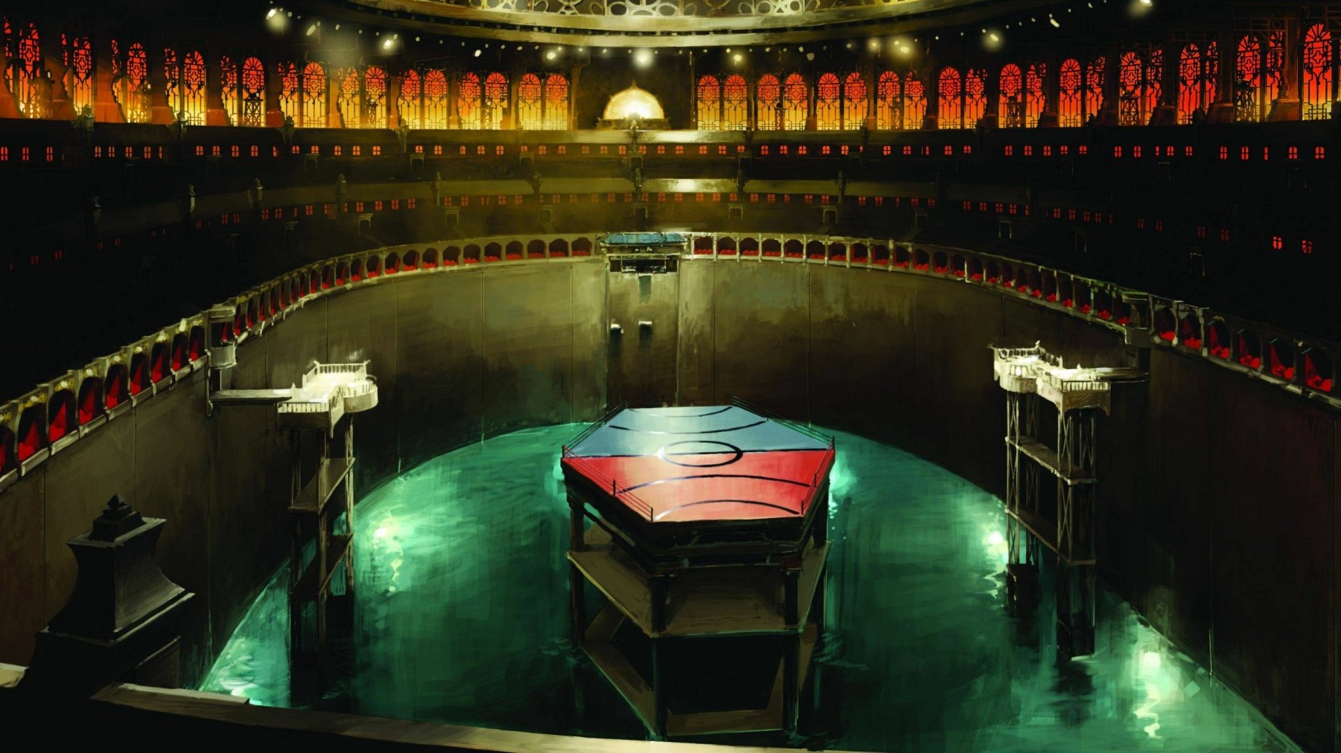 Anime — Avatar: The Legend of Korra 2K Quad HD PC desktop wallpaper: dim circular arena with stained-glass windows and a central raised platform bearing a red emblem.