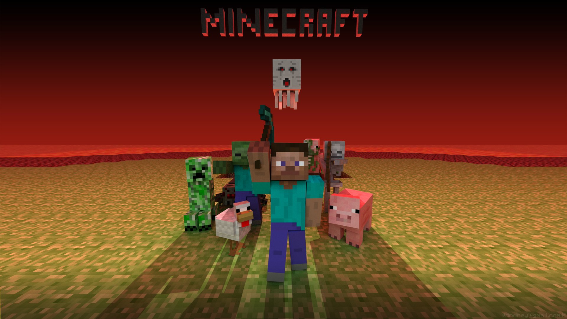 HD Minecraft desktop wallpaper featuring the main character surrounded by various game mobs, set against a red sky backdrop.