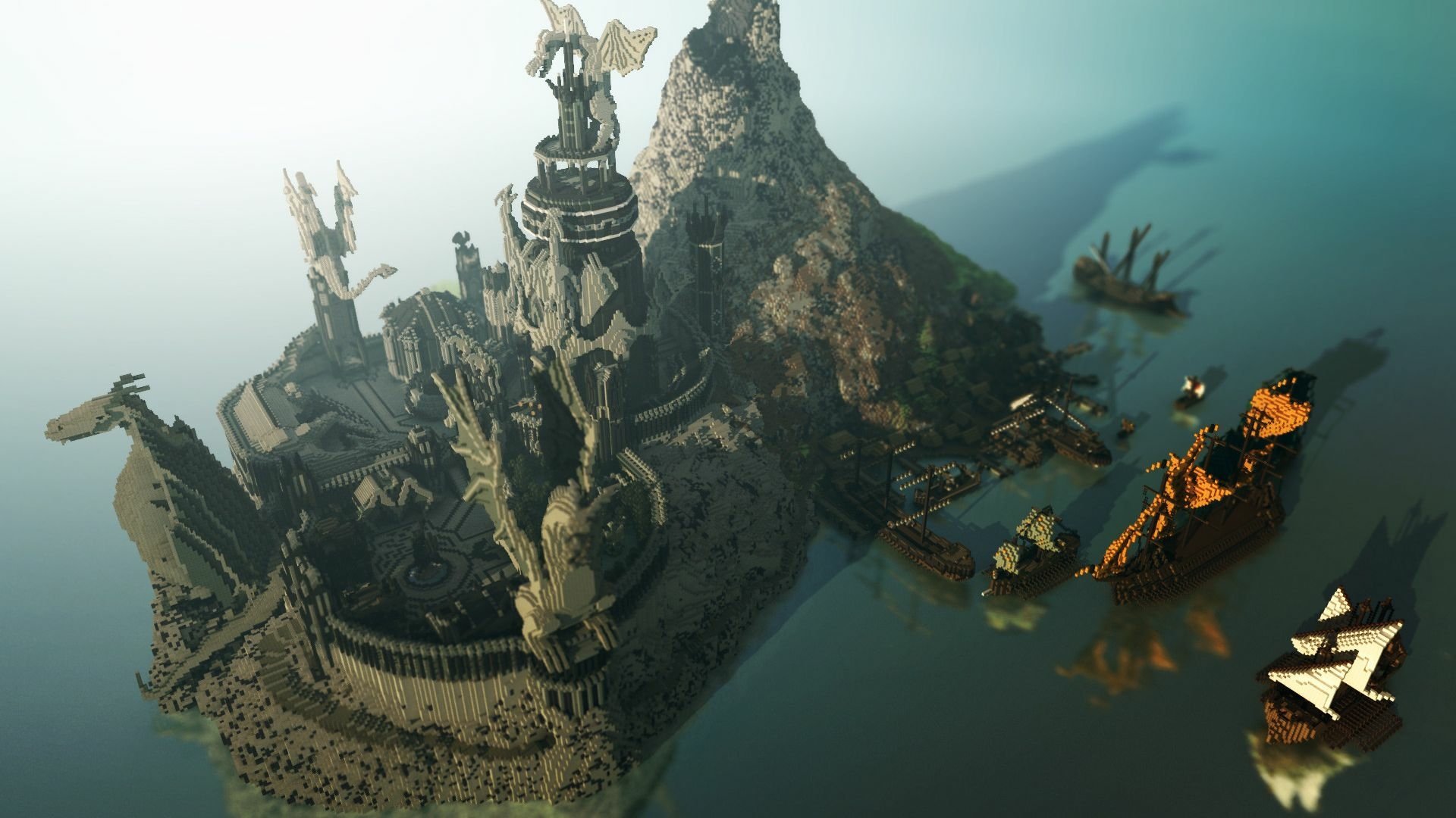A stunning HD wallpaper featuring a Minecraft-inspired village with intricate buildings, a mountain island, surrounding ocean, boats, and a dragon, showcasing vibrant creativity.