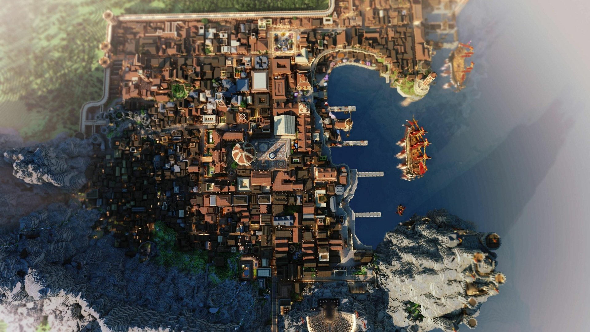 A stunning HD PC wallpaper depicting an intricate Minecraft cityscape, showcasing detailed architecture and a vibrant harbor scene with ships docked along the coastline.