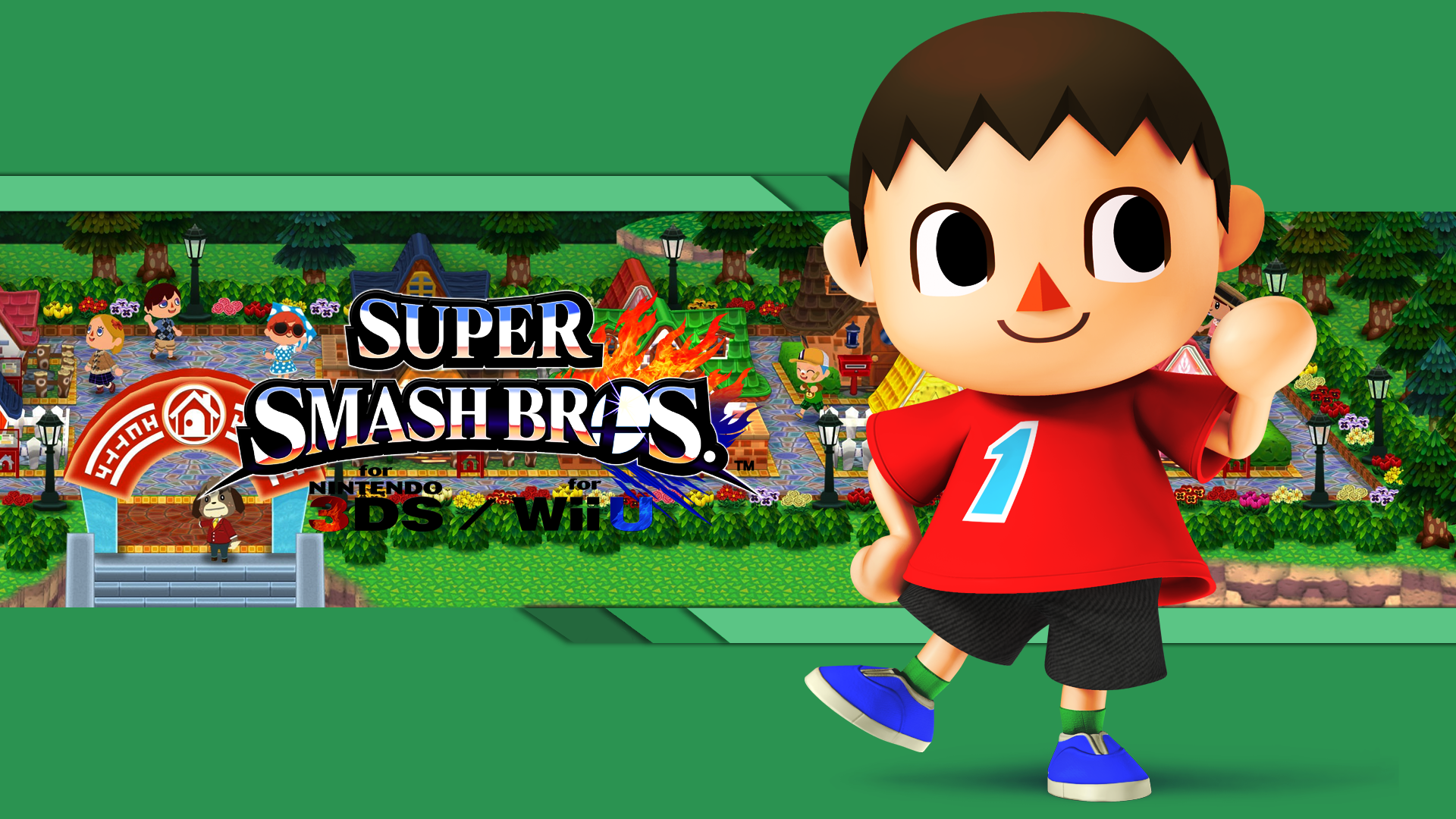 HD PC desktop wallpaper showing the Villager (Animal Crossing) on a green background with the Super Smash Bros. for Nintendo 3DS and Wii U logo and colorful stage art.