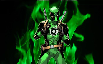 HD desktop wallpaper featuring Deadpool in a Green Lantern costume, poised with swords against a vibrant green flame background.