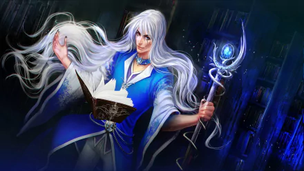 HD fantasy PC desktop wallpaper of a white-haired witch casting a spell with a glowing staff and an open magical book, set in a dark, mystical environment.