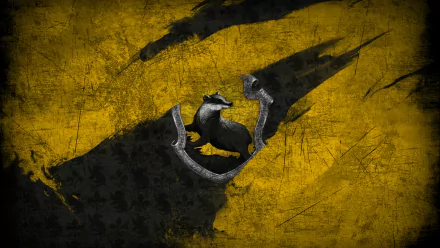 HD desktop wallpaper featuring a detailed badger emblem symbolizing Hufflepuff house from the Harry Potter movie series on a textured yellow background.