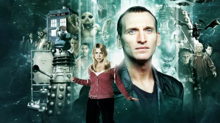 HD PC desktop wallpaper featuring characters and iconic elements from the TV show Doctor Who (2005), including the Ninth Doctor, Rose Tyler, Daleks, and the TARDIS.