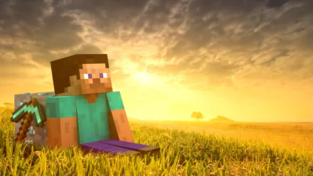 HD desktop wallpaper of Steve from Minecraft, holding a sword, seated in a lush field at sunrise, reflecting the game's iconic pixelated style.