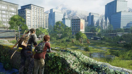 Two characters from The Last of Us overlook a lush, overgrown urban landscape with skyscrapers in the background, creating a striking HD desktop wallpaper.