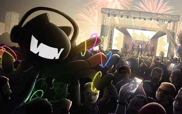A vibrant HD desktop wallpaper featuring a lively music festival with the Monstercat mascot, surrounded by an enthusiastic crowd and a backdrop of colorful fireworks.