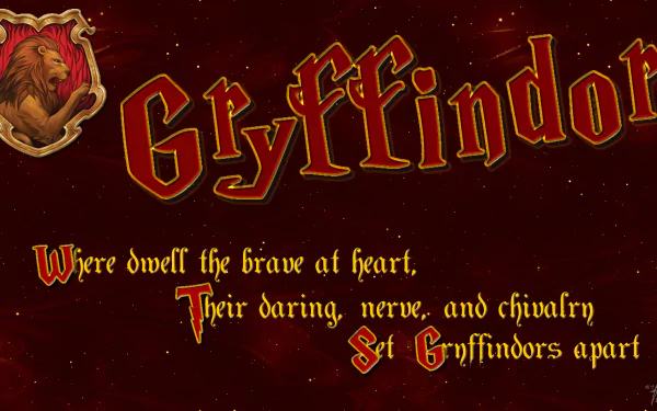 HD fantasy Harry Potter Gryffindor desktop wallpaper featuring the house crest and the motto: Where dwell the brave at heart, their daring, nerve, and chivalry set Gryffindors apart.