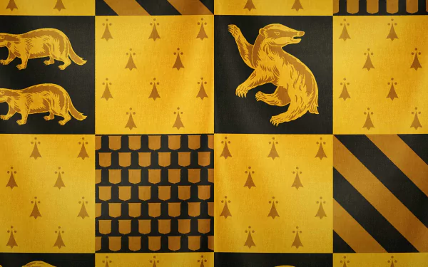 A vibrant Hufflepuff-themed wallpaper featuring badgers and yellow patterns, inspired by the Harry Potter fantasy universe, adds a touch of magic to your desktop.