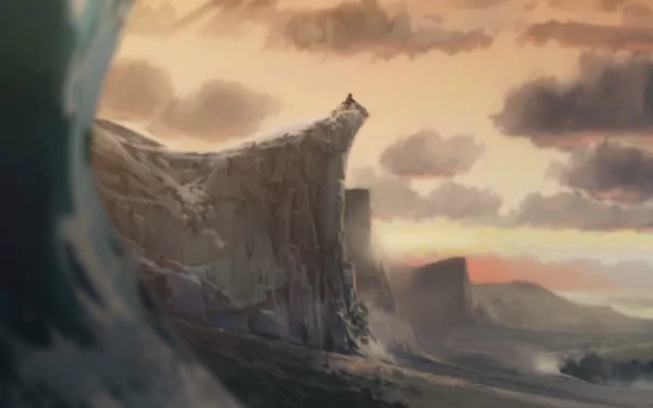 HD PC desktop anime wallpaper from Avatar: The Legend of Korra — lone figure atop a cliff at sunset, dramatic clouds and sweeping rocky landscape.