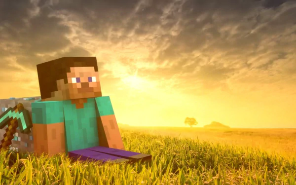 HD desktop wallpaper of Steve from Minecraft, holding a sword, seated in a lush field at sunrise, reflecting the game's iconic pixelated style.
