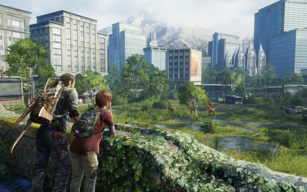 Two characters from The Last of Us overlook a lush, overgrown urban landscape with skyscrapers in the background, creating a striking HD desktop wallpaper.