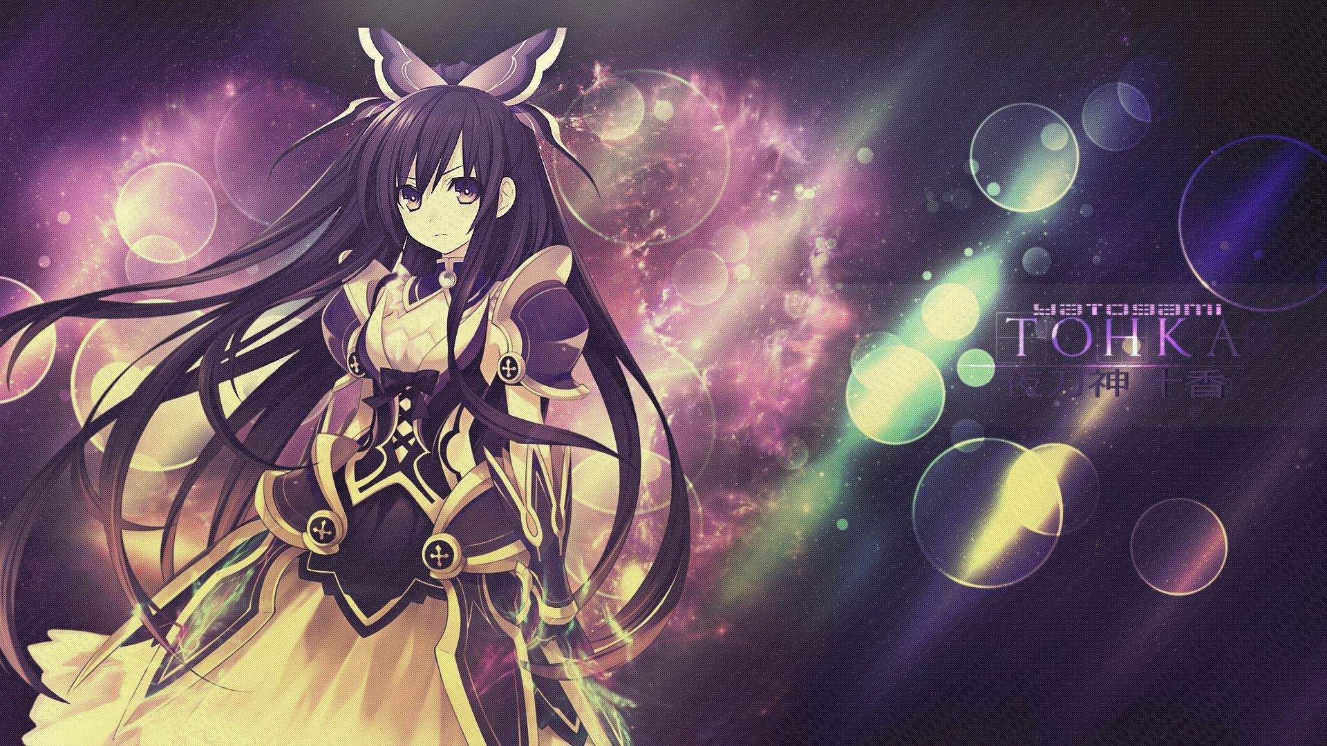 A stunning HD desktop wallpaper featuring Tohka Yatogami from the anime Date A Live, set against a vibrant cosmic background with bubbles and radiant colors.