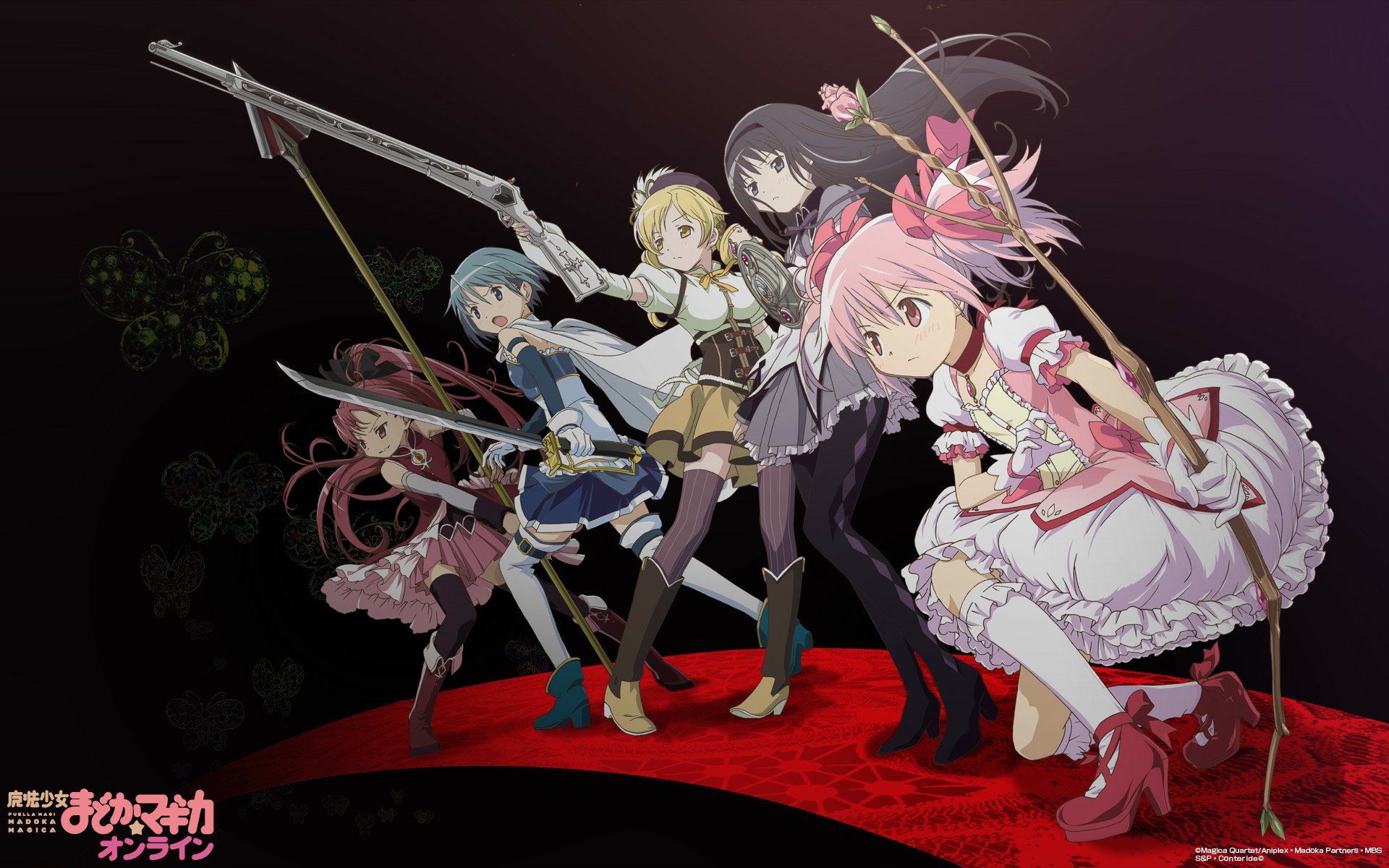 A vibrant HD wallpaper featuring characters Mami Tomoe, Kyōko Sakura, Sayaka Miki, Madoka Kaname, and Homura Akemi from the anime Puella Magi Madoka Magica.