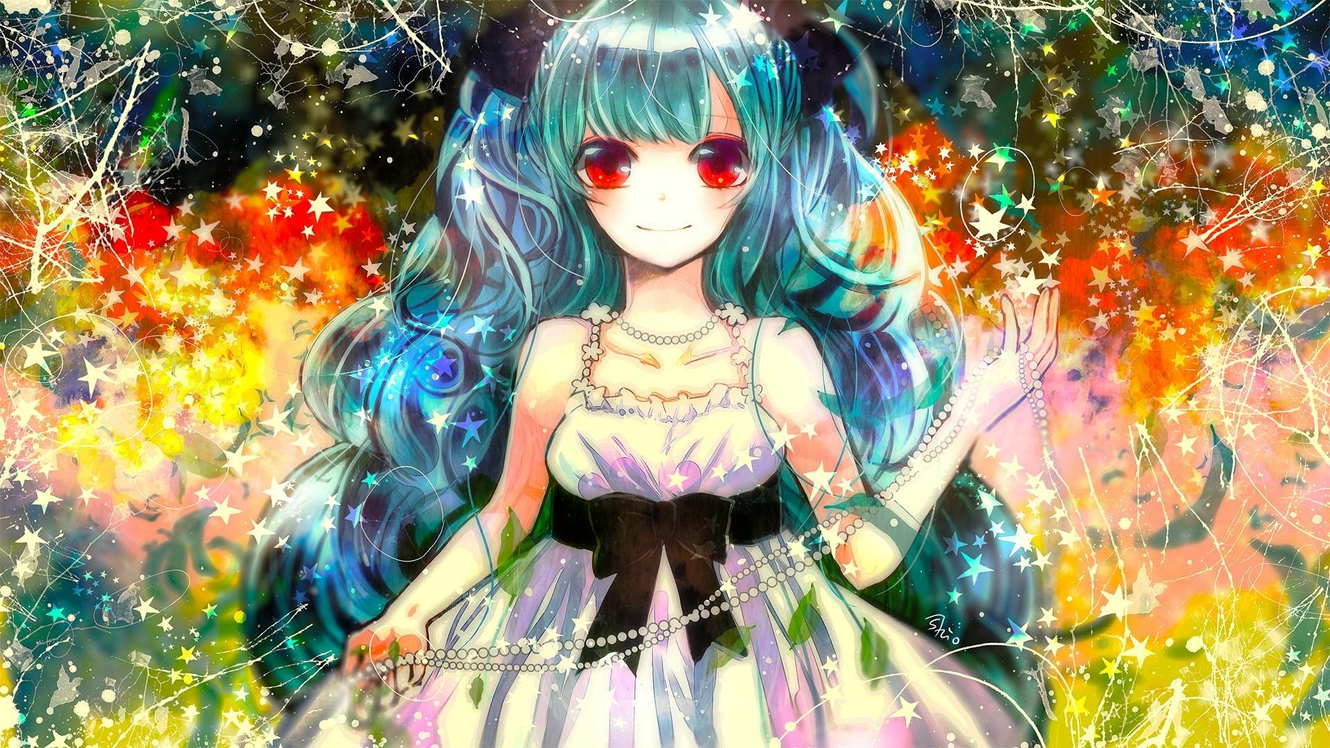HD anime-style original artwork of a girl with long teal hair and red eyes, surrounded by colorful glowing flowers and sparkles, designed as a vibrant PC desktop wallpaper.