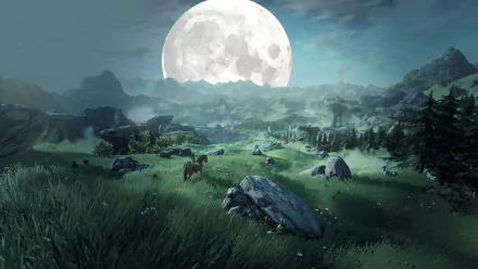 HD desktop wallpaper featuring a stunning night landscape from The Legend of Zelda: Breath of the Wild, showcasing a full moon illuminating a vast, serene field with a horse grazing and distant mountains.
