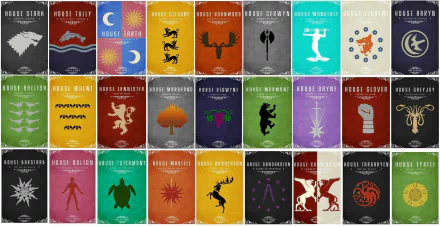 Game of Thrones HD wallpaper featuring the sigils of various houses, including House Tully, Martell, Karstark, Greyjoy, Stark, Lannister, and others, arranged in a colorful grid pattern.