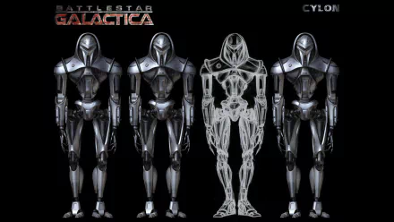HD PC desktop wallpaper of four chrome Cylon Centurions from the TV series Battlestar Galactica (2003): three armored figures flanking a central wireframe skeletal Cylon on a black background.