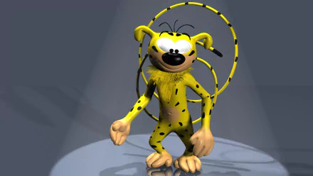 3D cartoon Marsupilami character with yellow fur and black spots stands confidently on a spotlighted stage, rendered as a HD PC desktop wallpaper and background.