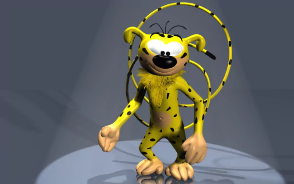 3D cartoon Marsupilami character with yellow fur and black spots stands confidently on a spotlighted stage, rendered as a HD PC desktop wallpaper and background.