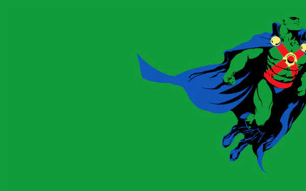 HD desktop wallpaper of comic hero J'onn J'onzz (Martian Manhunter) in blue cape and red harness, floating at right against a solid green background.