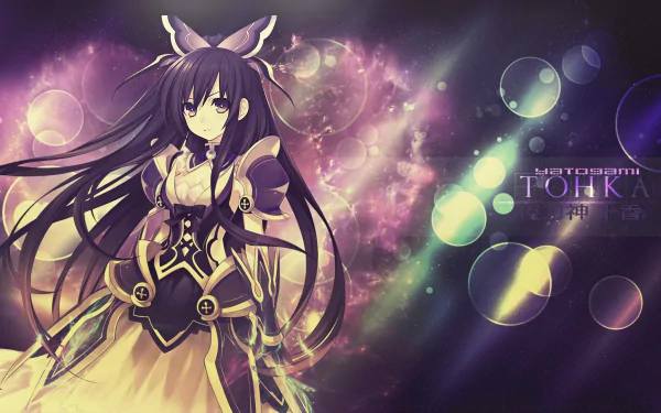 A stunning HD desktop wallpaper featuring Tohka Yatogami from the anime Date A Live, set against a vibrant cosmic background with bubbles and radiant colors.