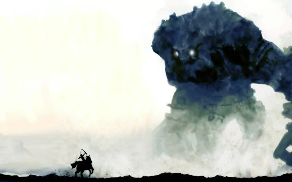 HD PC desktop wallpaper depicting a dramatic scene from the video game Shadow of the Colossus with a lone warrior facing a towering colossus.