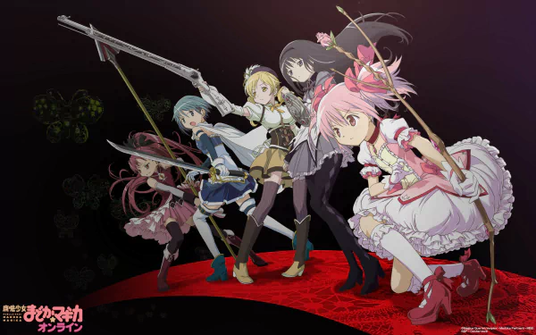 A vibrant HD wallpaper featuring characters Mami Tomoe, Kyōko Sakura, Sayaka Miki, Madoka Kaname, and Homura Akemi from the anime Puella Magi Madoka Magica.
