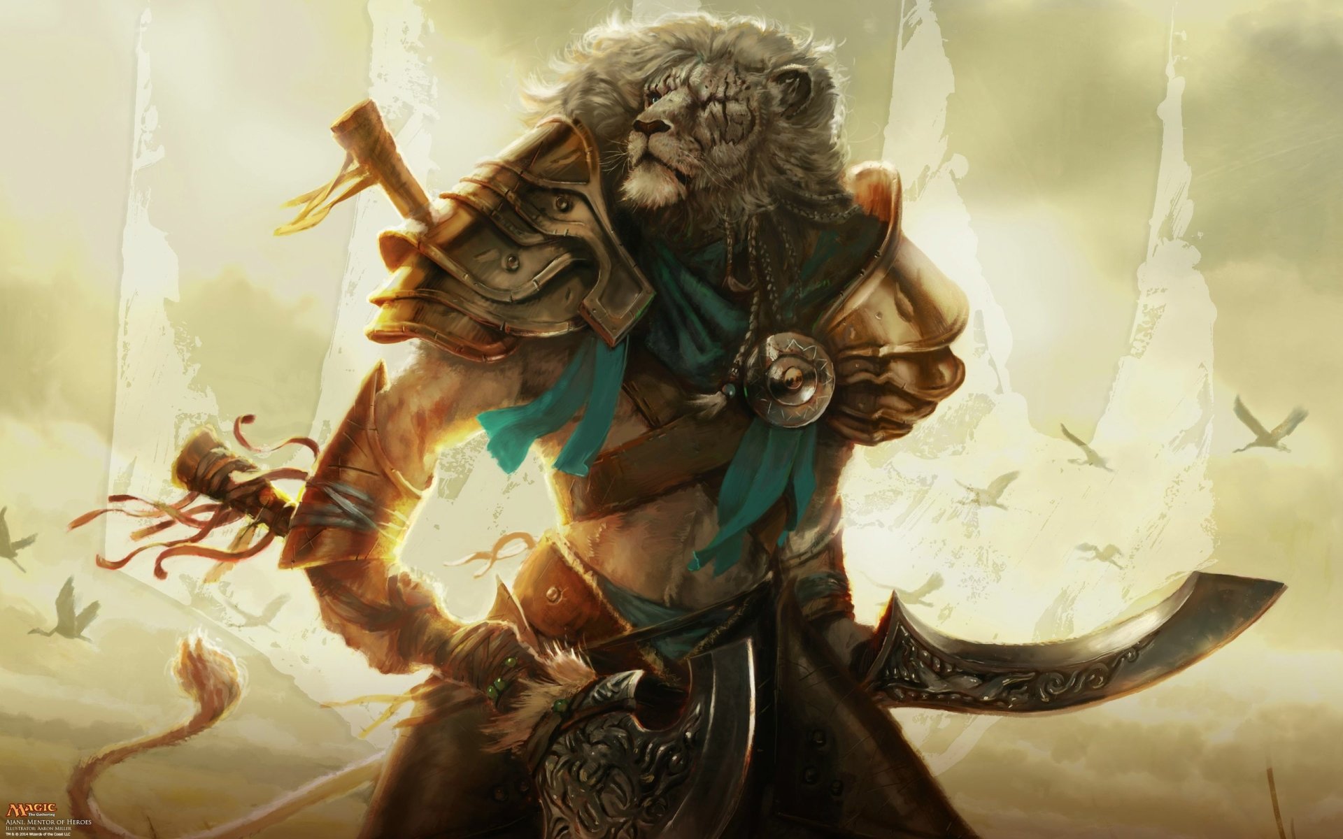 A powerful anthropomorphic lion warrior stands boldly with a curved sword, enveloped in an ethereal backdrop. This vibrant artwork captures the essence of the Magic: The Gathering universe.
