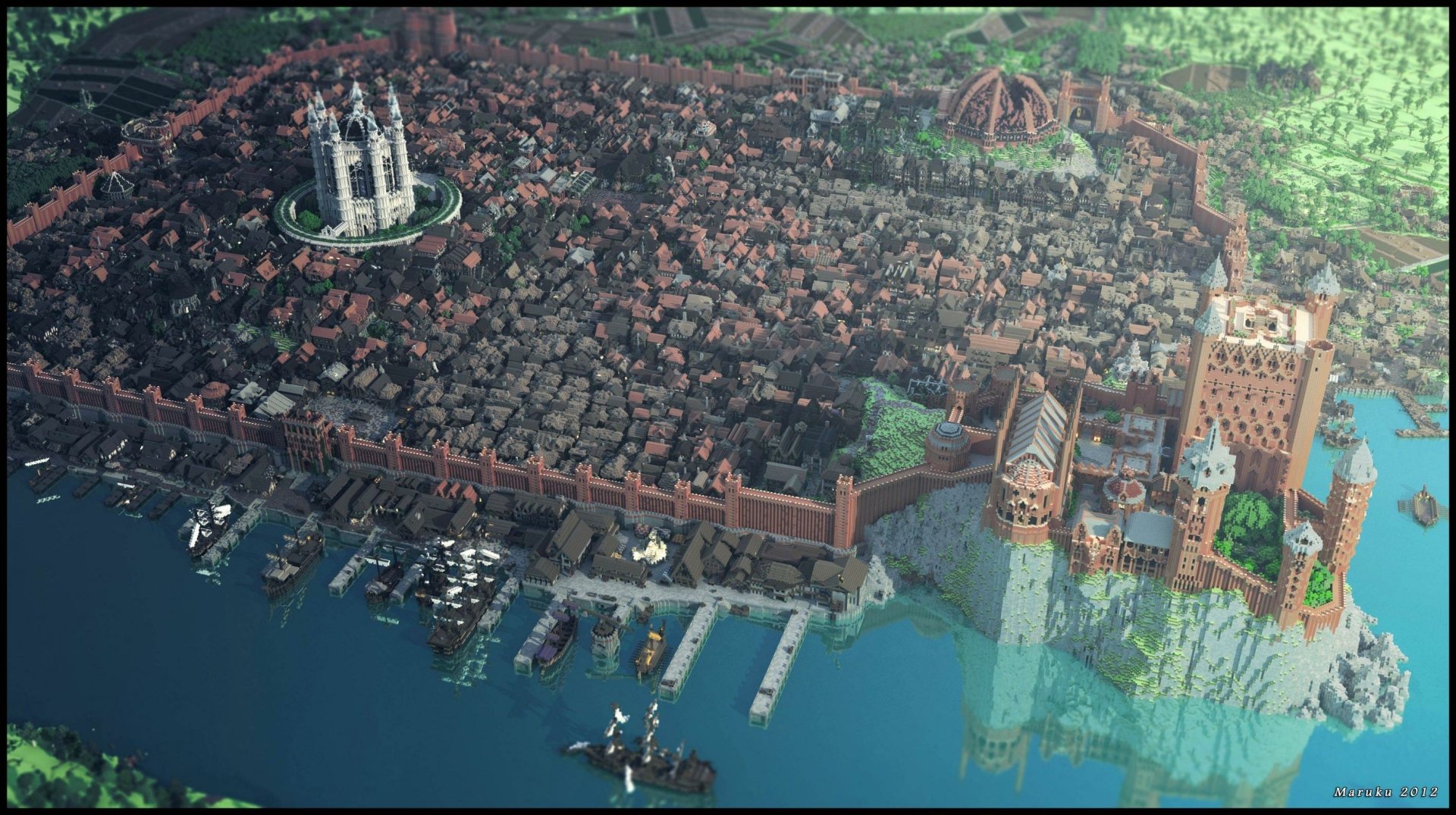 HD desktop wallpaper featuring a detailed Minecraft cityscape with medieval architecture, a bustling harbor, and lush green surroundings.