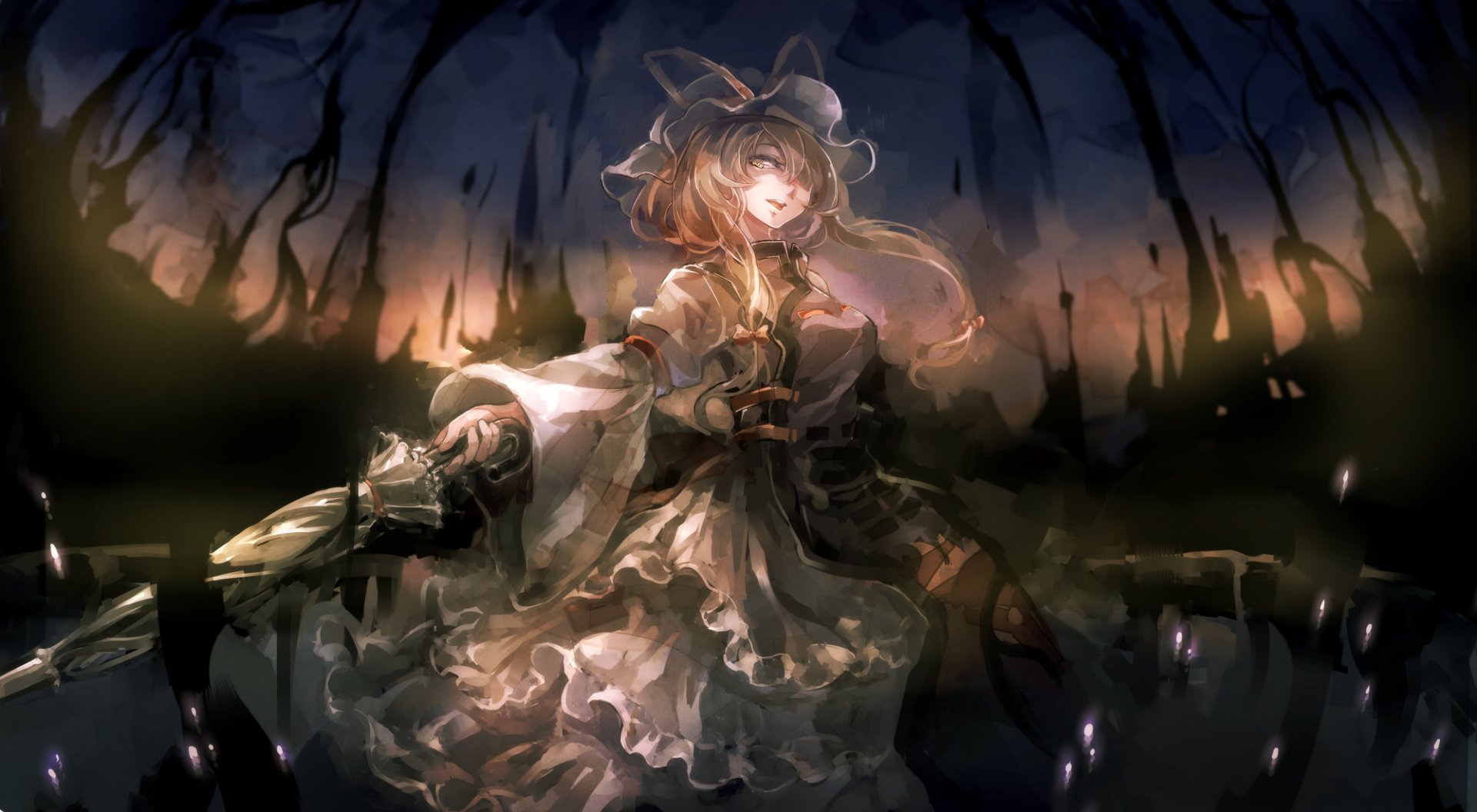 HD PC desktop wallpaper depicting Yukari Yakumo from the anime Touhou, set against a dark, eerie forest background with glowing, mystical lighting.