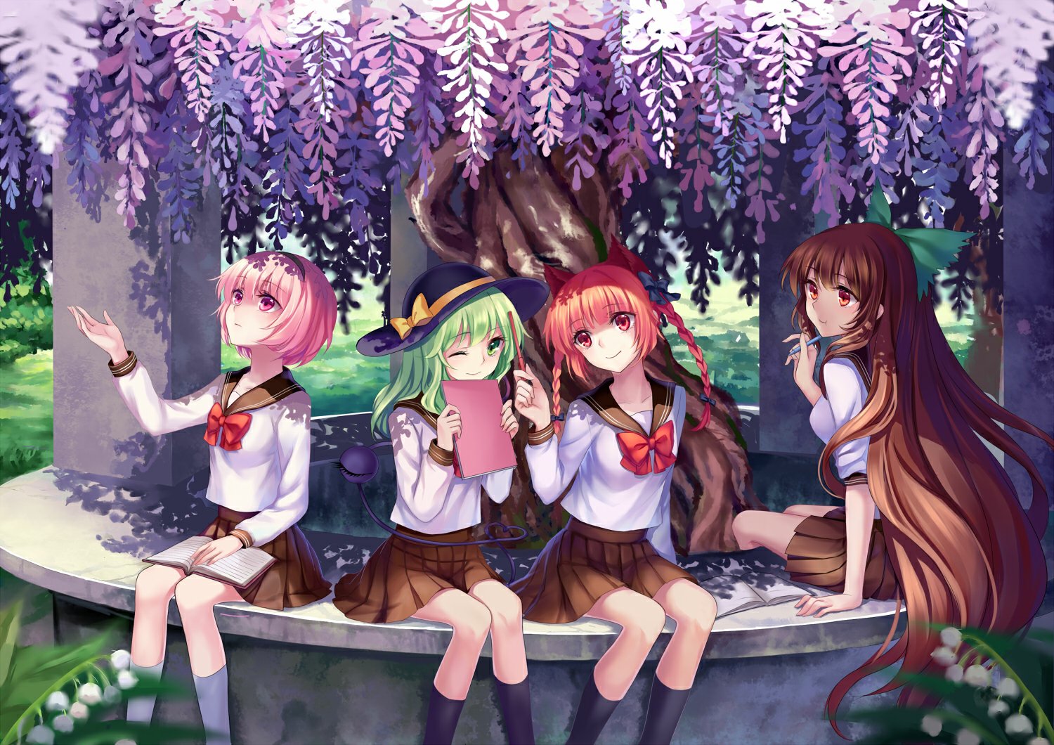 HD anime desktop wallpaper featuring Utsuho Reiuji, Satori Komeiji, Koishi Komeiji, and Rin Kaenbyou from Touhou, seated under cascading purple wisteria blossoms.