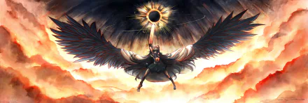 HD PC desktop wallpaper featuring Utsuho Reiuji from Touhou, depicted soaring with dark wings beneath an eclipsed sun surrounded by fiery clouds.