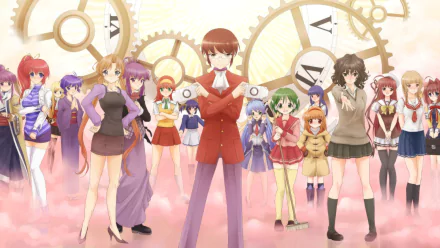 Anime-inspired HD desktop wallpaper from The World God Only Knows, featuring a central character surrounded by various anime girls against a whimsical clock-themed background.
